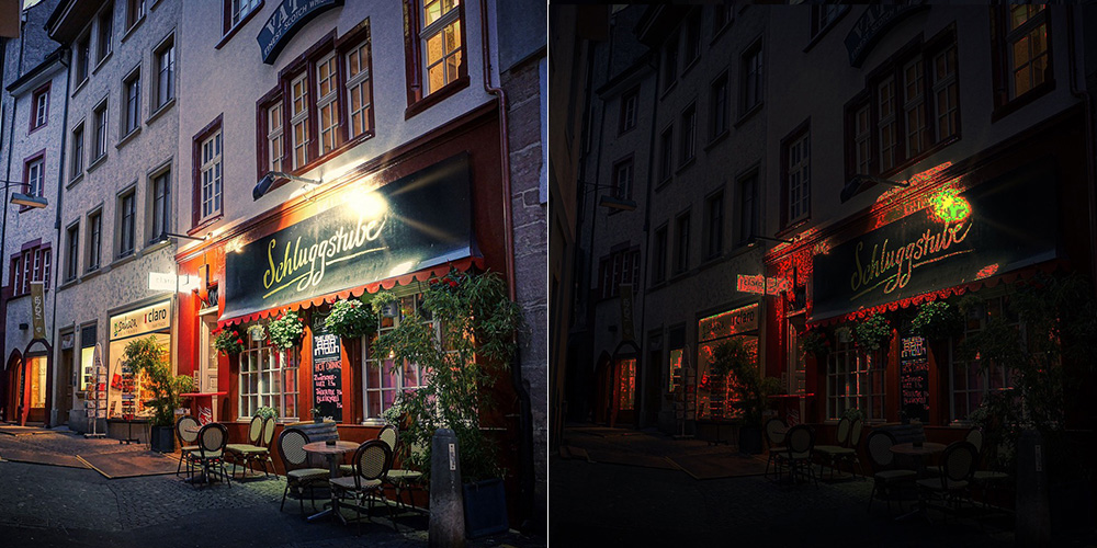 A street in Basel at dusk, on the left with normal vision, on the right with Retinitis pigmentosa