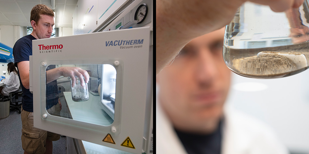 Sebastian Rieder places a sample in the drying cabinet (image 1). After drying, he carries out a density separation: He holds an Erlenmeyer flask with the sediment sample in a liquid (image 2). Sebastian Rieder places a sample in the drying cabinet (image 1). After drying, he carries out a density separation: He holds an Erlenmeyer flask with the sediment sample in a liquid (image 2).
