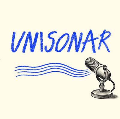 Schriftzug "Unisonar" mit einem illustrierten Mikrofon