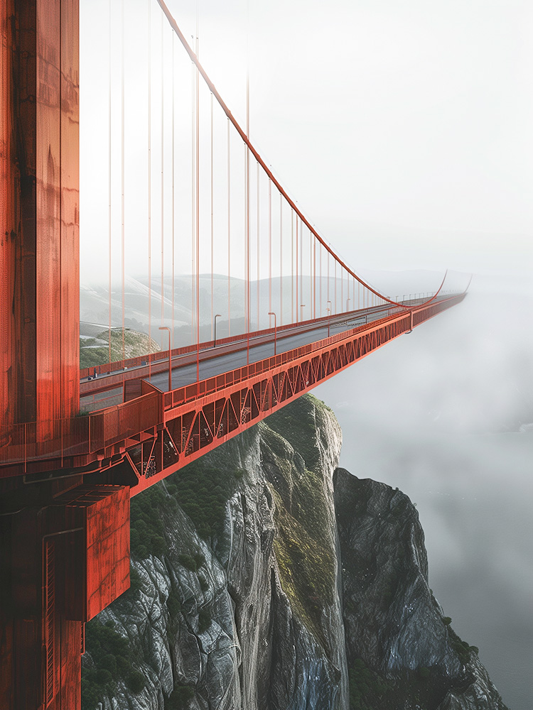 Golden Gate Brücke ins Leere über felsiger Landschaft Golden Gate Brücke ins Leere über felsiger Landschaft