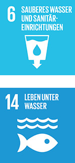 Sustainable Development Goals Icons welche für das sechste und das vierzehnte Ziel stehen: 6/Sauberes Wasser und Sanitäreinrichtungen und 14/Leben unter Wasser