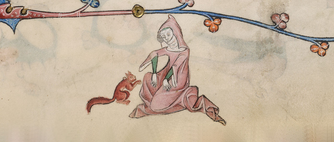 edieval depiction of a woman playing with a pet squirrel.