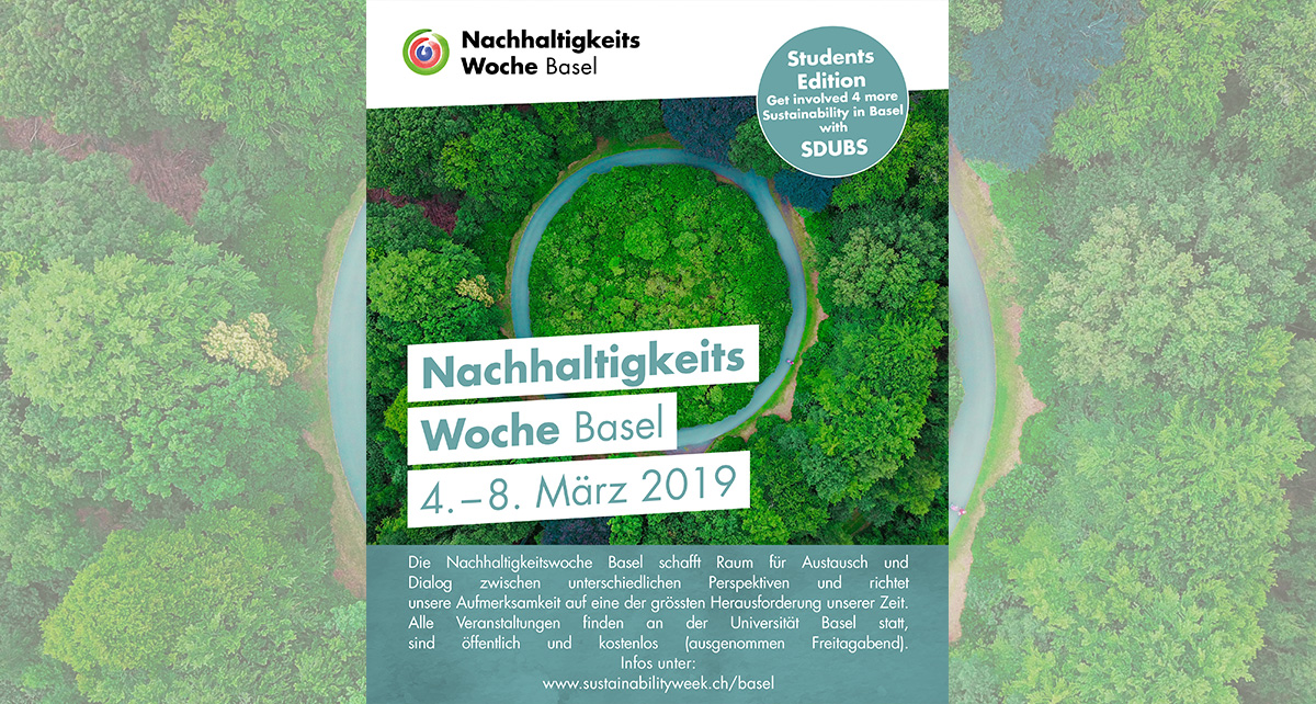 Das Programm der Nachhaltigkeitswoche 2019 Titelbild: Blauer Kreis in einem Wald 