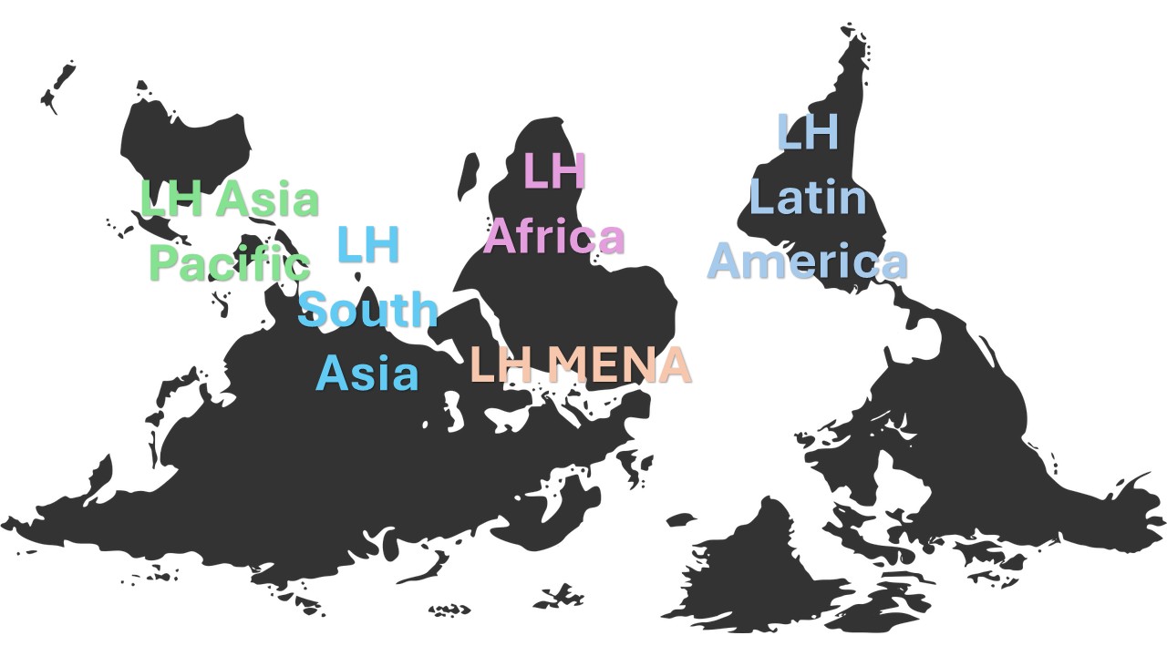 Map, Globe, World with south pole up. Names of Swiss Leading Houses spread accross regions.