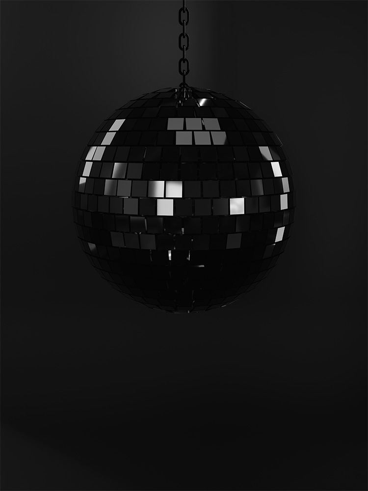 Schwarzes Bild einer Discokugel mit wenigen Reflektionen Schwarzes Bild einer Discokugel mit wenigen Reflektionen