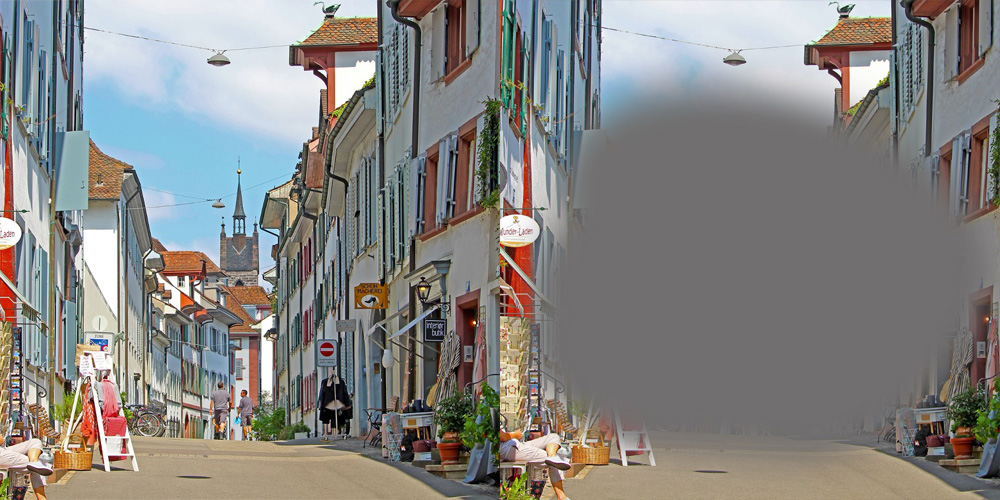 Eine Strasse in Basel, links normales Sehvermögen, rechts mit Verlust des Sehvermögens im Zentrum