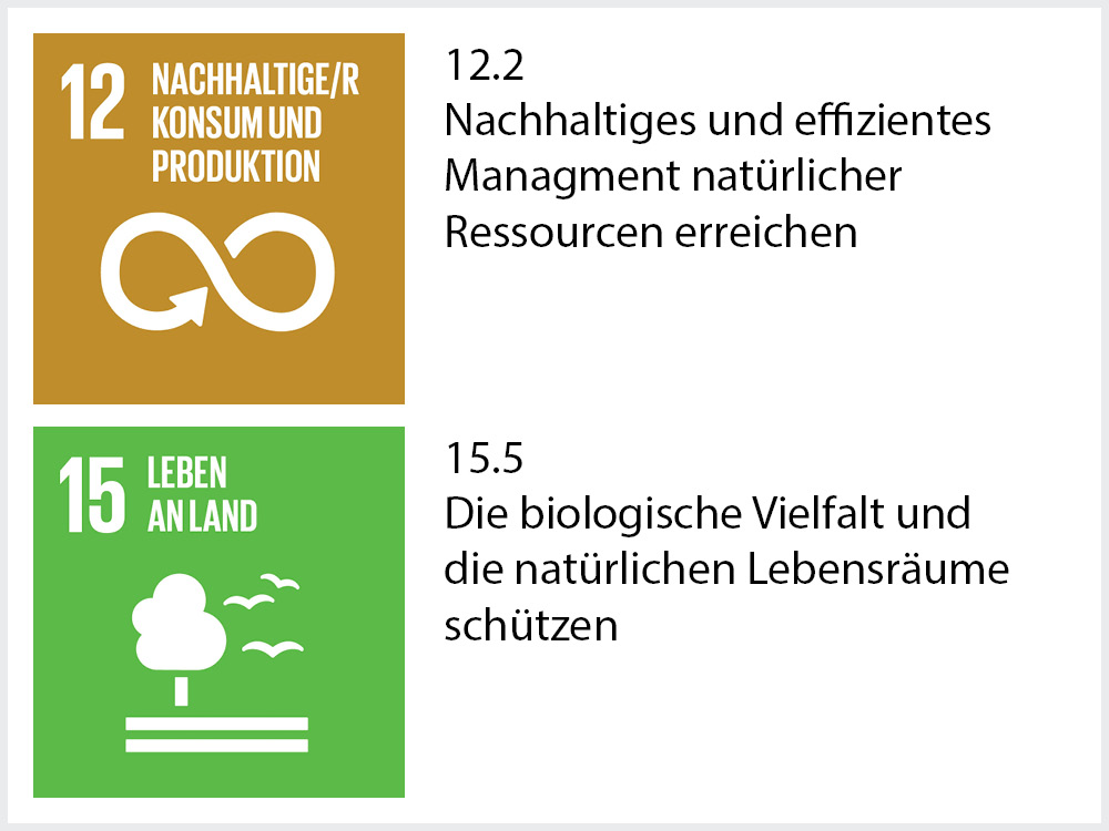Zu sehen sind die Symbole und Texte der Sustainable Development Goals 12.2: Nachhaltiges und effizientes Managment natürlicher Ressourcen erreichen und 15.5: Die biologische Vielfalt und die natürlichen Lebensräume schützen. Zu sehen sind die Symbole und Texte der Sustainable Development Goals 12.2: Nachhaltiges und effizientes Managment natürlicher Ressourcen erreichen und 15.5: Die biologische Vielfalt und die natürlichen Lebensräume schützen.