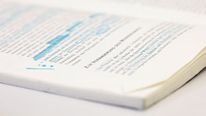 Aufgeklapptes Buch mit blau markierten Textpassagen