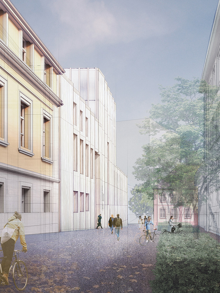 Architektonische Visualisierung eines modernen Anbaus mit vertikaler weißer Fassadenverkleidung zwischen zwei Altbauten in einer Straßenszene. Architektonische Visualisierung eines modernen Anbaus mit vertikaler weißer Fassadenverkleidung zwischen zwei Altbauten in einer Straßenszene.
