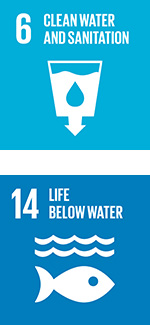 Sustainable Development Goals Icons welche für das sechste und das vierzehnte Ziel stehen: 6/Sauberes Wasser und Sanitäreinrichtungen und 14/Leben unter Wasser