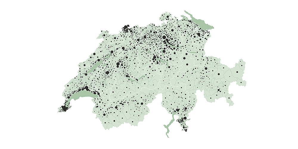 Ein Land von Stiftern: Gemeinnützigen Stiftungen sind praktisch flächendeckend über die gesamte Schweiz verteilt. (Quelle: Universität Basel, Humangeographie)