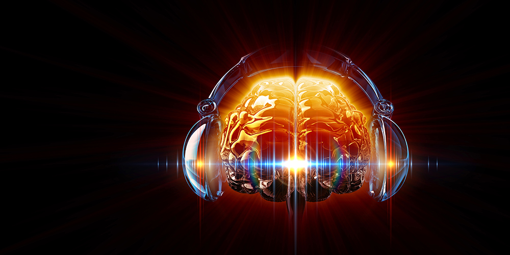 Illustration eines Gehirns mit Kopfhörern
