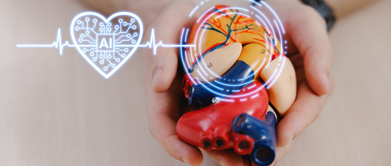 Hands holding an anatomical heart model with digital AI heart graphics and an overlaid heartbeat line.