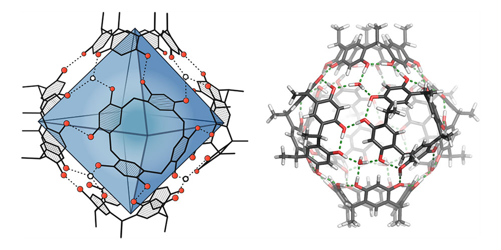 Two different representations of the molecular capsule being used: on the left, the around 1.4 cubic nanometer-large cavity is highlighted in blue. On the right, the cohesion of the capsule via hydrogen bonds (green dashed lines) is visible. (Image: University of Basel, Department of Chemistry / Johannes Richers, jorichers.com)