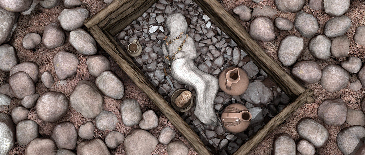 3D-Rekonstruktion des Grabes Strada 8 und der Beigaben zum Zeitpunkt der Bestattung. (Bild: Universität Basel, Klassische Archäologie)