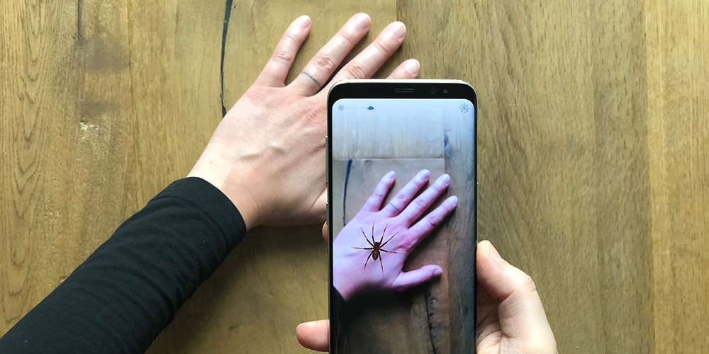 Hand und Handy, das eine virtuelle Spinne auf der Hand zeigt