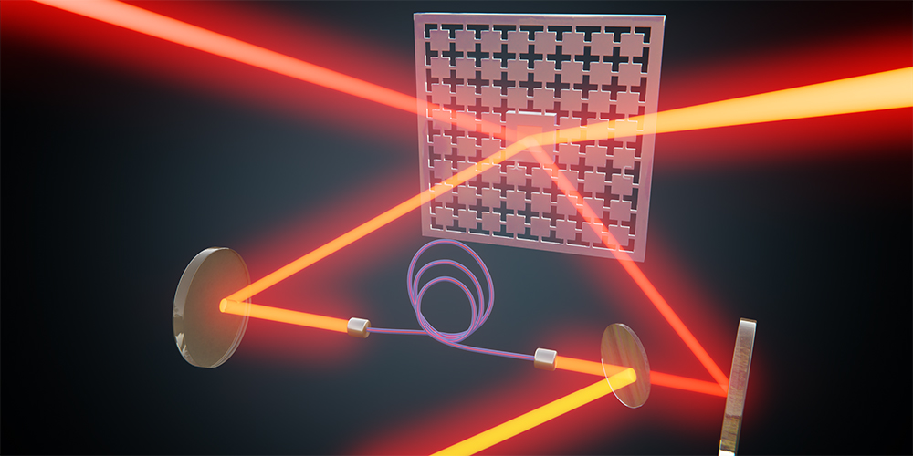 In the Basel experiment, a laser beam is directed onto a membrane (square in the middle). Using the reflected laser light, delayed by a fibre optic cable (violet), the membrane is then cooled down to less than a thousandth of a degree above absolute zero.