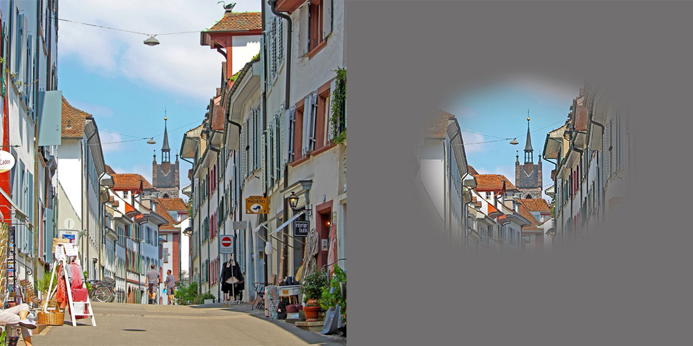 Eine Strasse in Basel bei Tag, links normales Sehvermögen, rechts &quot;Tunnelblick&quot; mit Retinitis pigmentosa