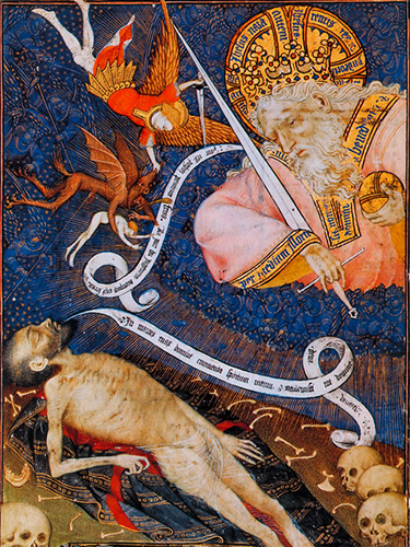 «Der Tote vor seinem Richter». Illustration im Stundenbuch Grandes Heures de Rohan, Paris um 1430.