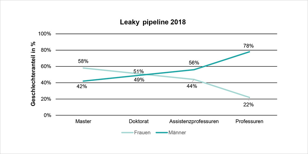 Die Leaky Pipeline erklärt das Phänomen, dass der Anteil von Frauen in der Karrierepipeline zur Professur verloren gehen.