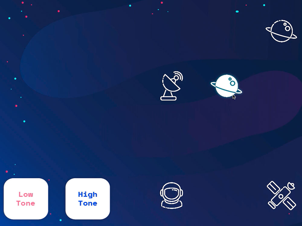Screenshot der App mit Satelliten und Planeten Screenshot der App mit Satelliten und Planeten