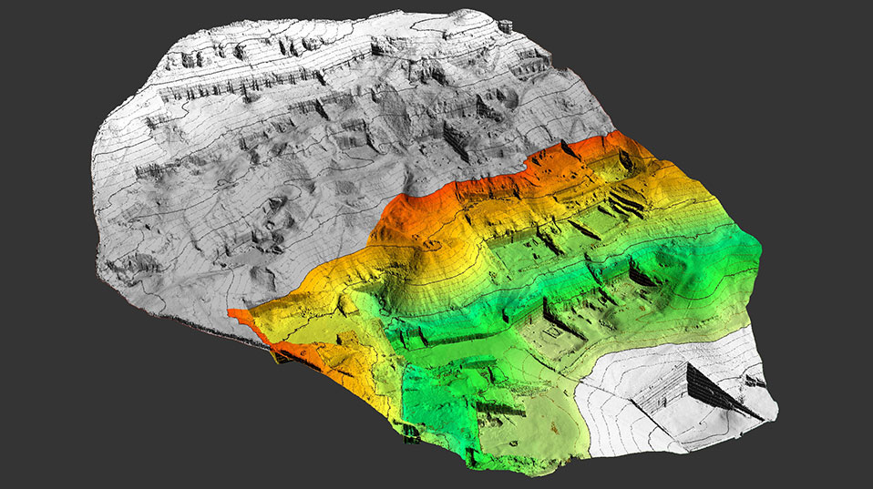 Digital elevation model of the south western part of Sheikh ´Abd el-Qurna’s cemetery. Marked in color are the elevations of the excavation site. (© University of Basel, ETH Zurich. Model: E. Friedli/Z. Gojcic)