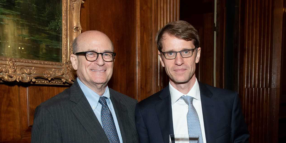 The Bressler Prize was presented to Prof. Botond Roska (right) by Alan R. Morse (left), President and CEO of the Lighthouse Guild, at the Alfred W. Bressler Vision Science Symposium in New York on October 6, 2018. (Photo: Ben Asen)