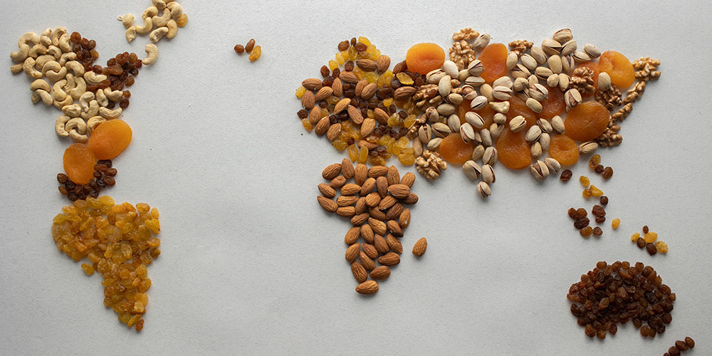 World map from dried fruit and nuts