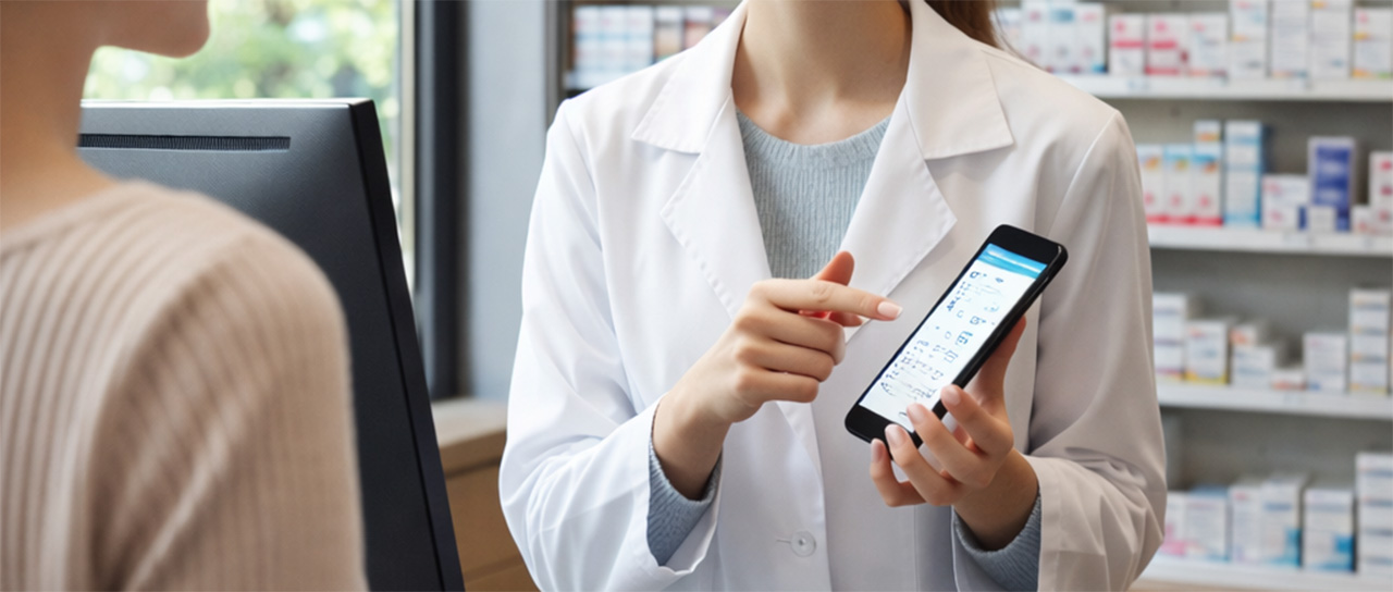 A pharmacist shows a person an app on a smartphone