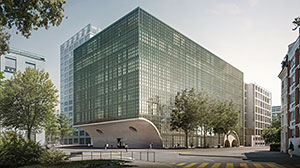 Visualisierung des Neubaus für das Departement Biomedizin, Ansicht von der Metzerstrasse. (Rendering: Burckhardt+Partner)
