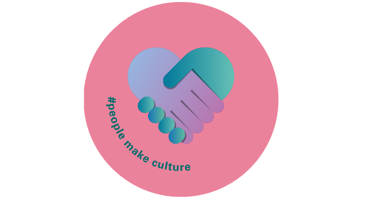 Zwei Hände die ineinandergreifen und zusammen ein Herz formen; darunter der Hashtag: people make culture