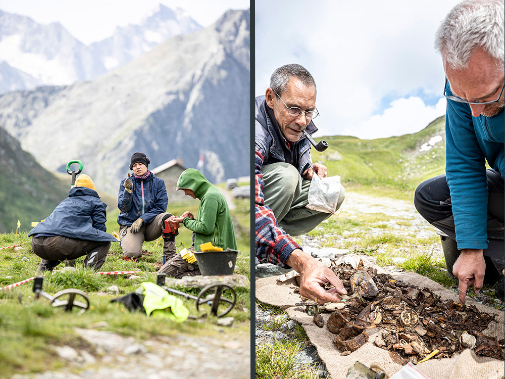 Split image showing left: three people discussing and examining items at an archaeological site in the mountains; right: two men analyzing a collection of artifacts spread out on a cloth outdoors. Split image showing left: three people discussing and examining items at an archaeological site in the mountains; right: two men analyzing a collection of artifacts spread out on a cloth outdoors.