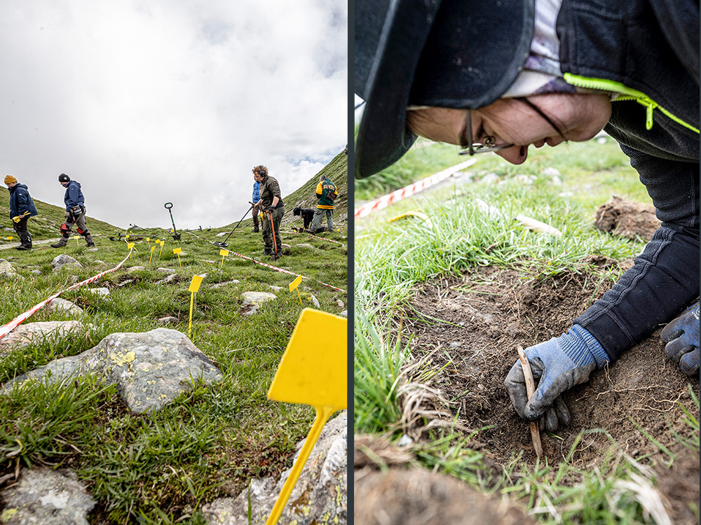 Split image showing left: a group using metal detectors on a grassy mountain slope marked with yellow flags; right: a person carefully excavating soil with a wooden tool. Split image showing left: a group using metal detectors on a grassy mountain slope marked with yellow flags; right: a person carefully excavating soil with a wooden tool.