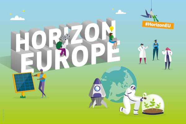 Words: Horizon Europe <br/>Comic Style persons doing research, such as growing plants, a rocket and more science related activities