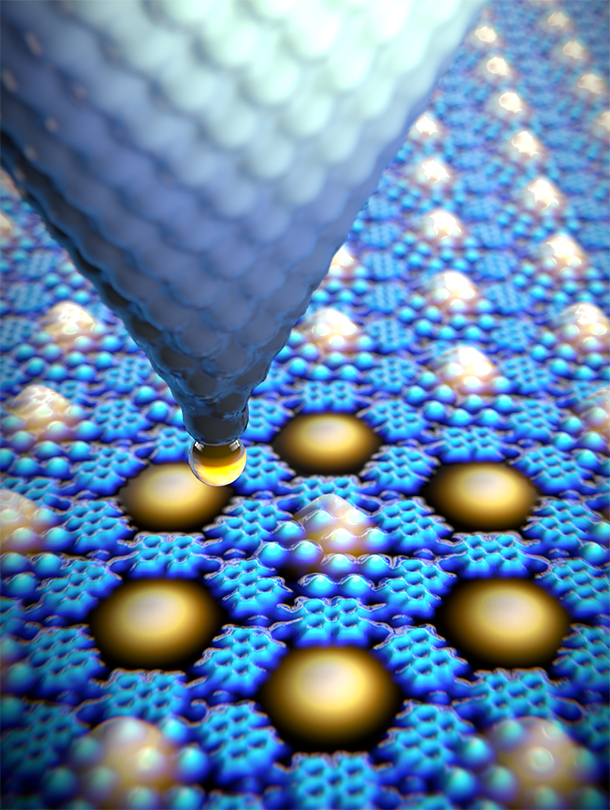 Using the tip of a scanning tunnel microscope, a single xenon atom (yellow) is being moved from a quantum box (blue), thus specifically altering its electronic quantum state. (University of Basel, Department of Physics)