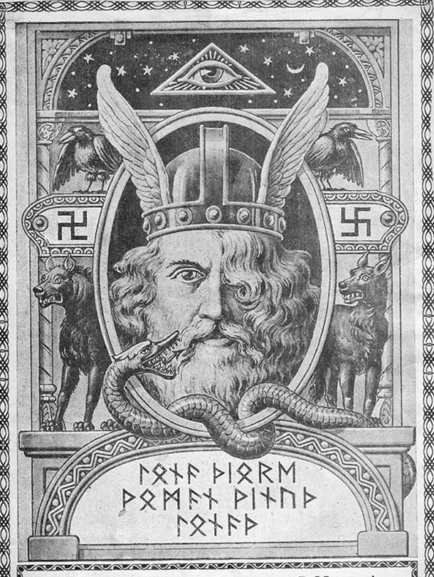 Altgermanische Mythologie wiederbelebt: Titelillustration von «Das Hohelied von Allvater» (1918) von Adolf Kroll.  