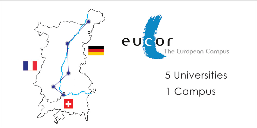 Schematische Darstellung einer Karte mit den Standorten der Eucor Universitäten