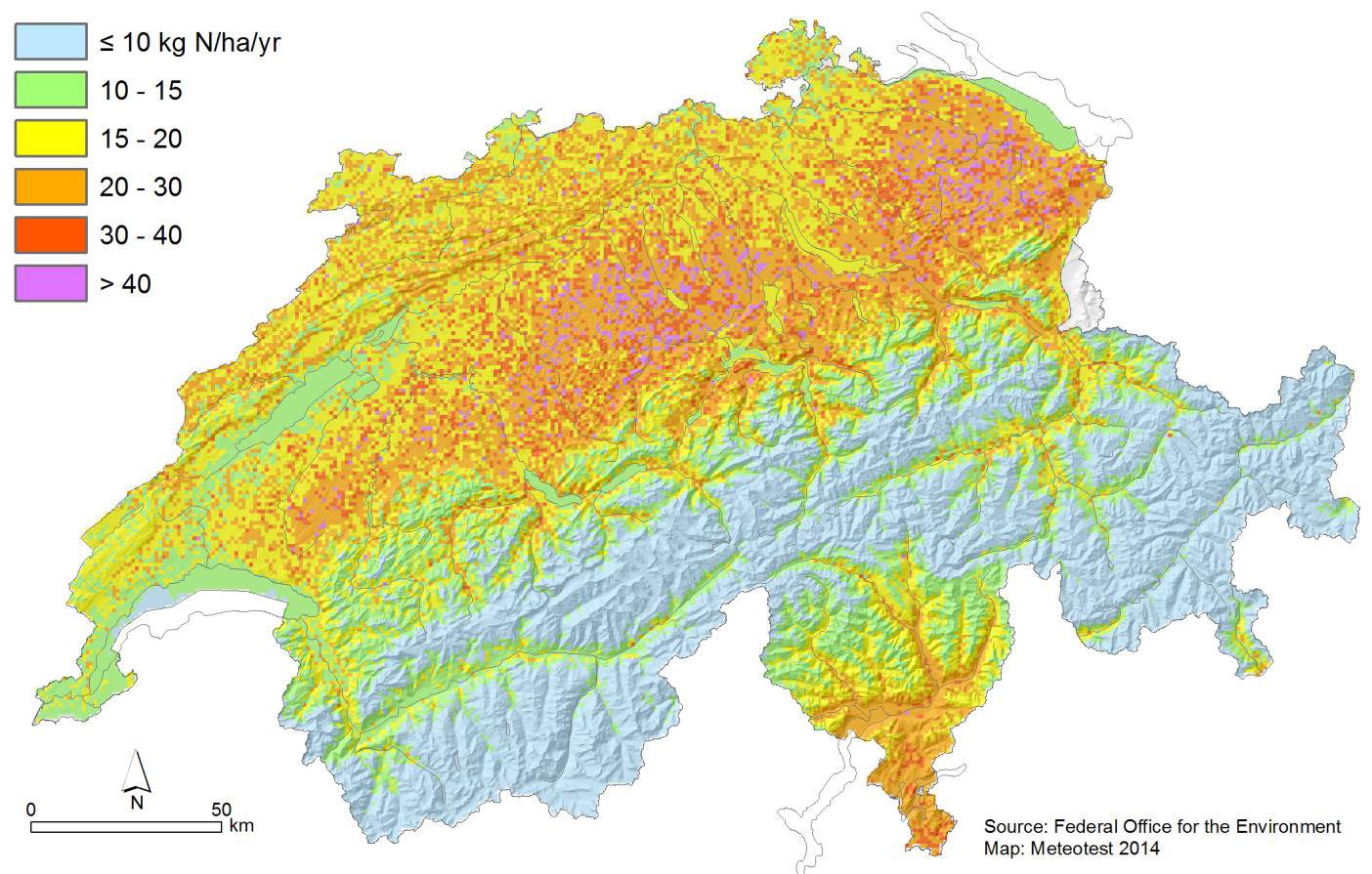 Emissions produced in agriculture are responsible for two thirds of the nitrogen deposition in Switzerland. Nitrogen oxides produces by burning of fossil fuels are responsible for the other third.
