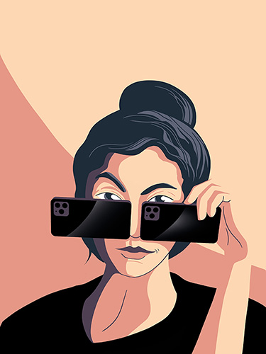 Illustration of a woman wearing two smartphones like sunglasses in front of her eyes