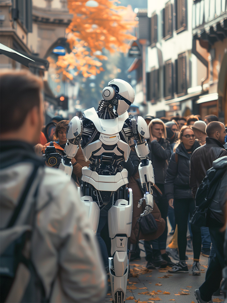 Roboter in einer belebten Fussgängerzone Roboter in einer belebten Fussgängerzone