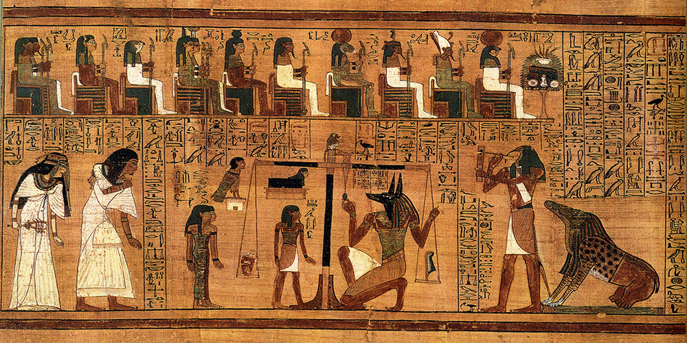 Papyrus with drawing of the ancient Egyptian judgment of the dead, in which the god Anubis weighs the heart of a deceased person Papyrus with drawing of the ancient Egyptian judgment of the dead, in which the god Anubis weighs the heart of a deceased person
