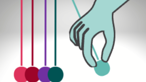 A drawing shows a hand pushing Newton's cradle.