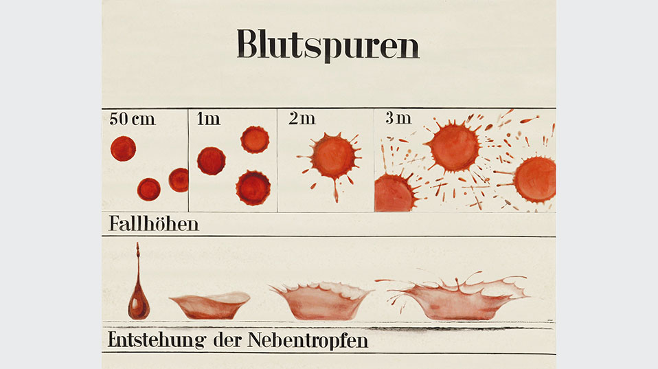 Vorlesungstafel zur Entstehung und zur Untersuchung von Blutspuren am Tatort. (© Institut für Rechtsmedizin Basel)