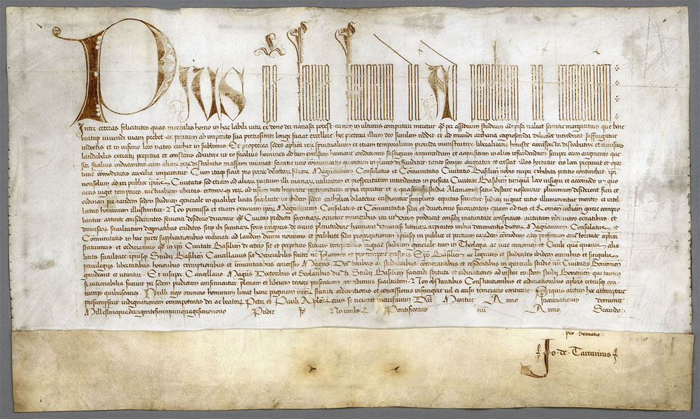 Stiftungsurkunde der Universität Basel, ausgestellt am 12. November 1459 von Papst Pius II. (Staatsarchiv des Kantons Basel-Stadt, St. Urk. 1658. gr)