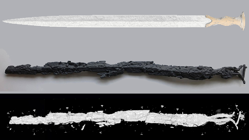 Ein Schwert, drei Ansichten: Die gefundenen Schwerter gehören zu den ältesten Belegen dieser neuen «Waffengattung» in Italien. Da das Metall im Boden korrodiert war, nutzten die Forschenden digitale Analyseverfahren dank derer es dann möglich war, eines der Schwerter dreidimensional «auszudrucken» und zeichnerisch zu rekonstruieren.