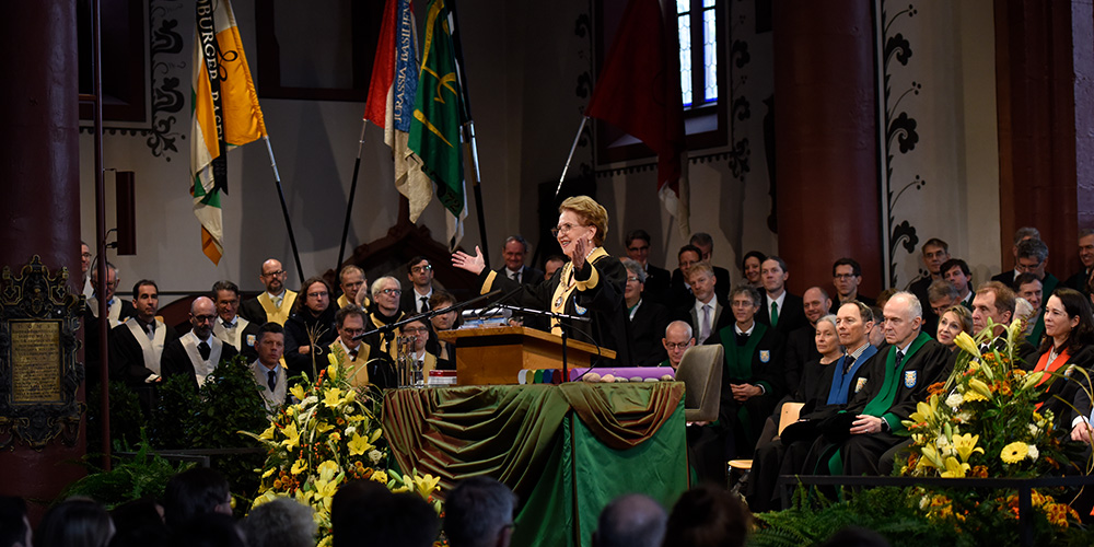Andrea Schenker-Wicki, President of the University of Basel, during her speech at the Dies academicus 2023.