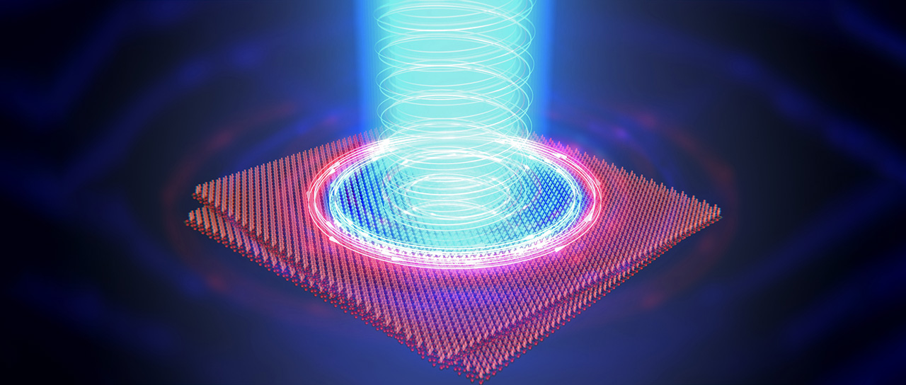 Artistic rendering of the concept, showing a glowing blue laser beam with spiral patterns interacting with layered atomic structures.