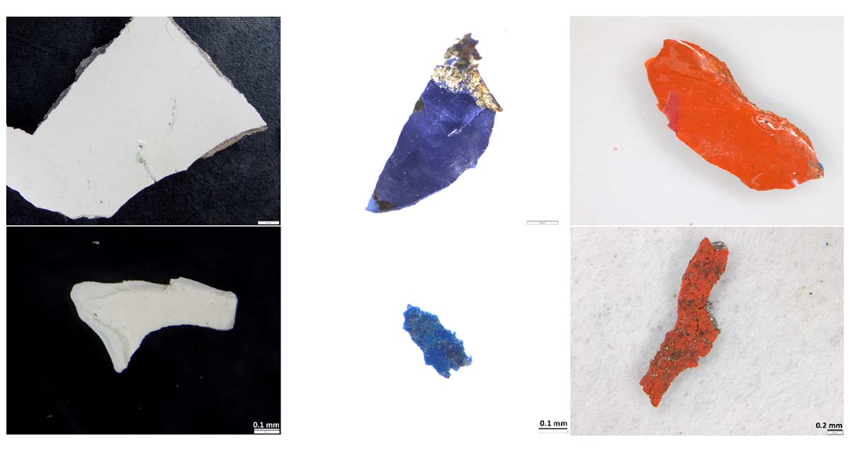 Schiffslack-Fragmente, welche als Referenzen von dem Forschungsschiff Polarstern genommen wurden (oben) und Partikel, die den Meerwasserproben entnommen wurden (unten).