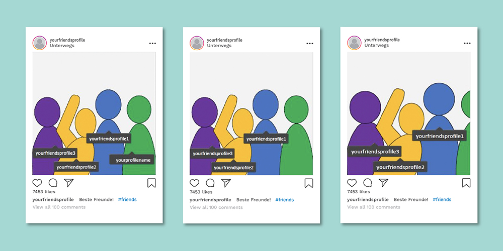 Darstellung von drei Fotos auf Instagram, bei denen eine Person nicht markiert oder abgeschnitten wird