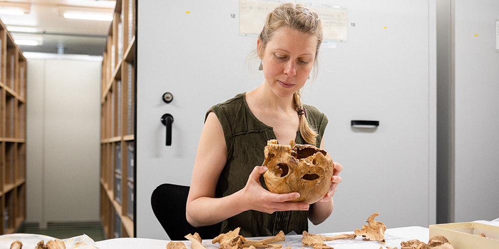 Margaux Depaermentier looking the skull from a historical skeleton.